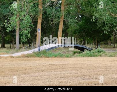 Fußgängerbrücke in einem Landschaftspark über den Fluss Pisuerga Aguilar de Campoo Palencia Kastilien und Leon Spanien Stockfoto