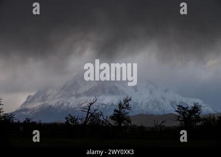 Gewitterwolken ziehen vorbei an Paine Grande und Bäumen im Nationalpark Torres del Paine, Provinz Última Esperanza, Chile. Stockfoto