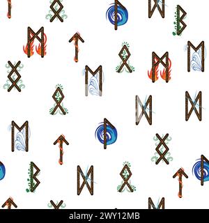 Handgezeichnete Runenbuchstaben nahtloses Muster mit Elementsymbolen. Magische Zeichen und Symbole der skandinavischen Kultur. Stock Vektor
