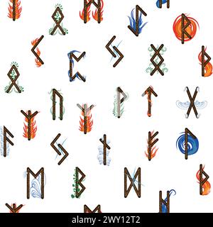 Handgezeichnete Runenbuchstaben nahtloses Muster mit Elementsymbolen. Magische Zeichen und Symbole der skandinavischen Kultur. Stock Vektor