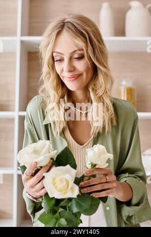 Eine Frau arrangiert Blumen in einer Vase auf einem Tisch in einer Küche. Stockfoto