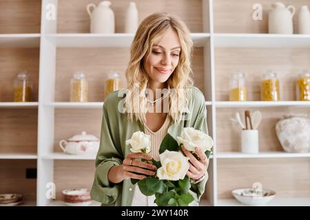 Frau mit einem Blumenstrauß in der Küche. Stockfoto