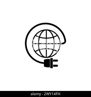 Erdkugel mit flachem Vektorsymbol des Netzkabels. Einfaches, ausgefülltes Symbol auf weißem Hintergrund Stock Vektor