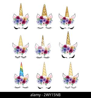 SET niedliches Einhorn mit floralem Anemonenkranz und goldenem Glitzerhorn. Handgezeichnete Vektorgrafik. Stock Vektor