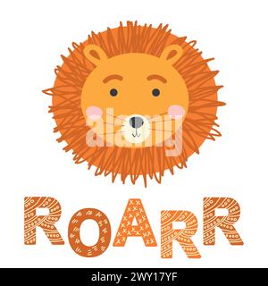 Niedliches Gesicht eines Tieres mit Schriftzug. Skandinavischer Stil und Pastellpalette. Babyplakate, Karten, Kleidung, Kinderzimmer Stock Vektor