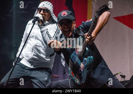 B-Real und Tom Morello von Prophets of Rage in der Faliro Sports Pavilion Arena, Athen/Griechenland, August 2019 Stockfoto