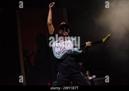 Tom Morello von Prophets of Rage tritt im August 2019 in der Faliro Sports Pavilion Arena in Athen/Griechenland auf Stockfoto