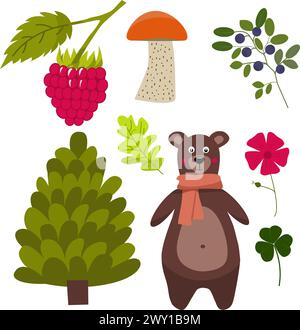 Satz von Vektor Hand gezeichnete Illustration von Bär, Baum, Pilz, Heidelbeere, Himbeere, Blätter und Blume auf weißem Hintergrund. Stock Vektor