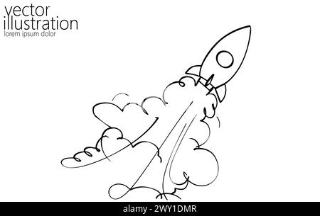 Durchgehende Rakete eine Linie Silhouette. Handzeichnung Skizze Raumschiff kreative Idee Konzept. Schwarz-weiße Launch Shuttle Technologie Vektor Illustration. Stock Vektor