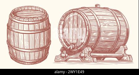 Hölzerner Fass, handgezeichnete Gravur Stil Vektor Illustration. Zeichnung aus Eichenfässern oder Fass Stock Vektor