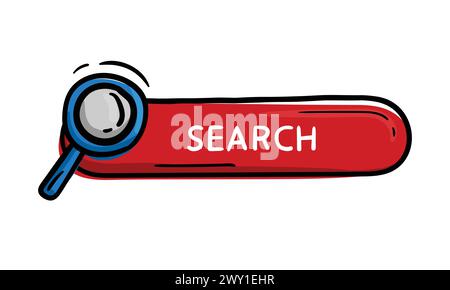 Rote Schaltfläche mit Vergrößerungsglas und Textsuche. Handgezeichnetes Designelement für Website, Anwendung. Editierbarer Vektor Stock Vektor