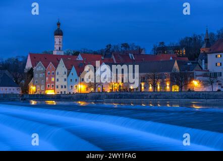 Landsberg am Lech at Night, Lechwehr, Oberbayern, Bayern, Deutschland, Europa Stockfoto