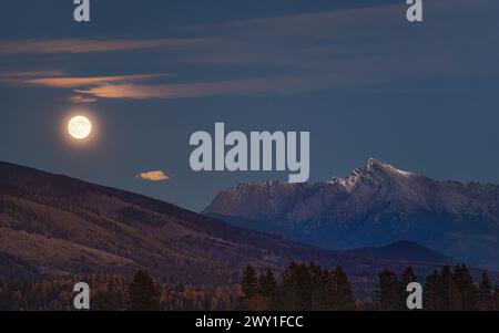 Vollmond über dem Gipfel des Krivan - slowakisches Symbol - Waldbaumsilhouetten im Vordergrund, Abendfoto Stockfoto