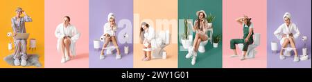 Set von jungen Frauen mit Toilettenschalen auf farbigem Hintergrund Stockfoto
