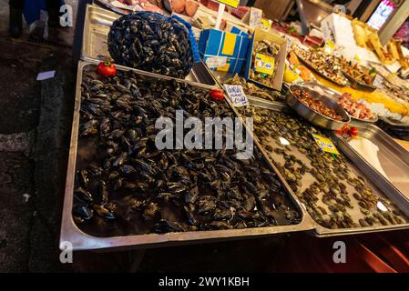 Fisch- und Meeresfrüchtegeschäft in Ballaro Market, Street Food Market in Palermo, Sizilien, Italien Stockfoto