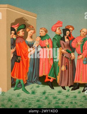 Das Retinue einer jungen Mutter, das die Pariser Trachten Ende des 14. Jahrhunderts darstellt. Chromolithographie nach einer Miniatur von Terence de Ducs Manuskript, die König Karl VI. Im 15. Jahrhundert gehörte. "Moeurs, usages et Kostüumes au moyen-âge et à l'époque de la Renaissance" von Paul Lacroix. Paris, 1878. Stockfoto