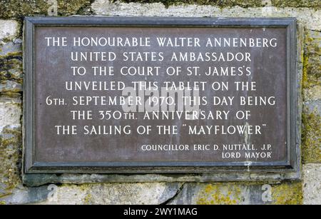 Gedenktafel am Barbican, Plymouth, Devon, England, Großbritannien - Segeln auf der „Mayflower“ Stockfoto