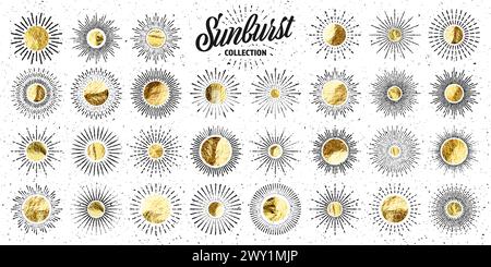 Vintage Grunge Sunburst Sonnenstrahlen. Goldfolie, glänzende handgemachte Kreise. Goldene, glitzernde Textur, Muster. Handgezeichnet, platzende Sonne, Lichtstrahlen Stock Vektor