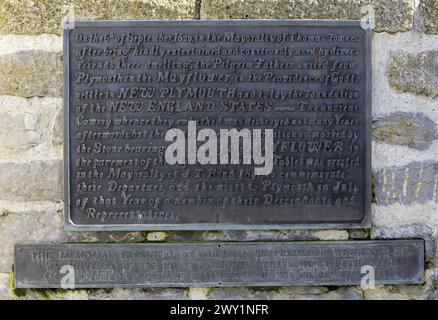 Gedenktafel im Barbican, Plymouth, Devon, England, Großbritannien - zur Feier der Pilgerväter Stockfoto