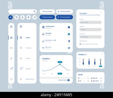 Großes und verbessertes ui-Kit für Web-Design, mobile Apps mit den verschiedenen Schaltflächen, Diagrammen, Diagrammen, Menüs und Suchen. Stock Vektor