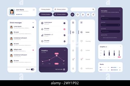 Großes und verbessertes ui-Kit für Web-Design, mobile Apps mit den verschiedenen Schaltflächen, Diagrammen, Diagrammen, Menüs und Suchen. Stock Vektor