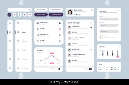 Großes und verbessertes ui-Kit für Web-Design, mobile Apps mit den verschiedenen Schaltflächen, Diagrammen, Diagrammen, Menüs und Suchen. Stock Vektor