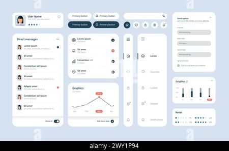 Großes und verbessertes ui-Kit für Web-Design, mobile Apps mit den verschiedenen Schaltflächen, Diagrammen, Diagrammen, Menüs und Suchen. Stock Vektor