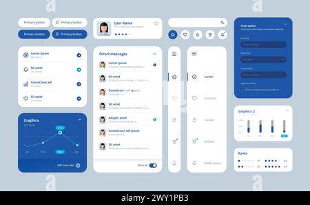 Großes und verbessertes ui-Kit für Web-Design, mobile Apps mit den verschiedenen Schaltflächen, Diagrammen, Diagrammen, Menüs und Suchen. Stock Vektor
