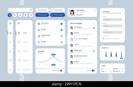 Großes und verbessertes ui-Kit für Web-Design, mobile Apps mit den verschiedenen Schaltflächen, Diagrammen, Diagrammen, Menüs und Suchen. Stock Vektor