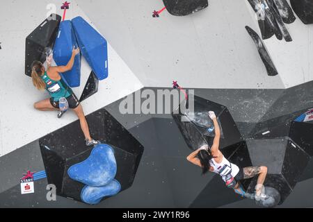 Mia Krampl (Slowenien), Jessica Pitz (Österreich). Sportklettern. Europameisterschaften München 2022 Stockfoto