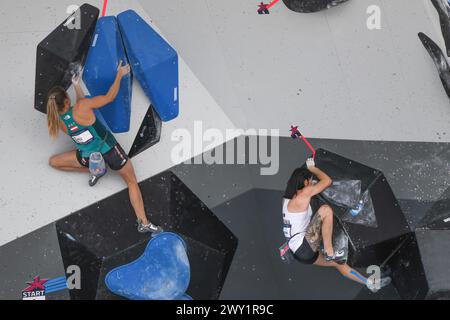 Mia Krampl (Slowenien), Jessica Pitz (Österreich). Sportklettern. Europameisterschaften München 2022 Stockfoto