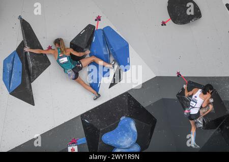 Mia Krampl (Slowenien), Jessica Pitz (Österreich). Sportklettern. Europameisterschaften München 2022 Stockfoto