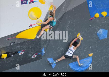 Mia Krampl (Slowenien), Jessica Pitz (Österreich). Sportklettern. Europameisterschaften München 2022 Stockfoto