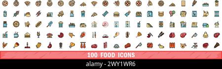 100 Symbole für Lebensmittel eingestellt. Farblinie Satz von Nahrungsvektorsymbolen dünne Linie Farbe flach auf weiß Stock Vektor
