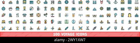 100 Symbole für die Reise gesetzt. Farblinie Satz von Vektorsymbolen für die Reise dünne Linie Farbe flach auf weiß Stock Vektor