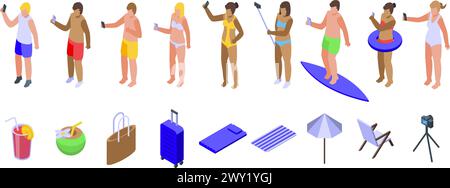 Selfie Sommer Strand Symbole setzen isometrischen Vektor. Glücklicher Urlaub. Urlaub am Meer Stock Vektor