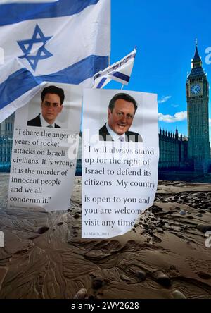 David Cameron. Ed Miliband. Israel. Israelische Flagge. Recht auf Verteidigung. Raketenangriffe. Schützen Sie Zivilisten. Bürger. Mord. Unschuldige Menschen. Konflikt. Stockfoto