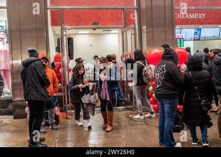 Hunderte von Menschen stehen am Mittwoch, den 27. März 2024, vor der großen Eröffnungsfeier einer Cold Stone Creamery-Franchise am Times Square in New York für kostenloses Eis an. Cold Stone Creamery gehört der in Arizona ansässigen Kahala Brands, die auch Blimpie, Tasti-D-Lite, Planet Smoothie, Pinkberry und zahlreiche andere Marken kontrolliert. ( © Richard B. Levine) Stockfoto