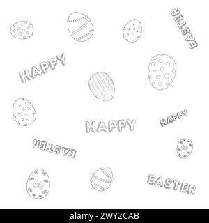 Malbücher für Kinder. Dekorierte Eier und Happy Easter Inschrift. Vektor-Schwarzweiß-Zeichnung Stock Vektor