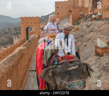 Elefanten, die Touristen auf das Amber Fort, Jaipur, Rajasthan, Indien Stockfoto
