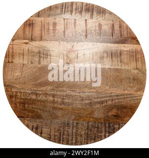 Leere runde Holzplatte oder Tischplatte isoliert auf weißem Hintergrund. Beschneidungspfad. Stockfoto