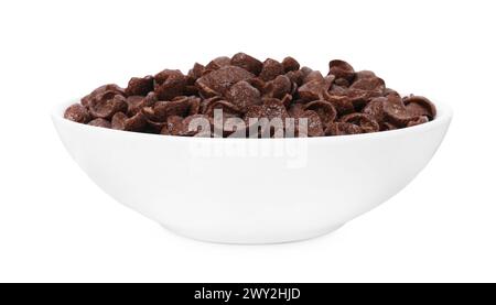Frühstückszerealien. Schokoladenmaisflocken in Schüssel isoliert auf weiß Stockfoto