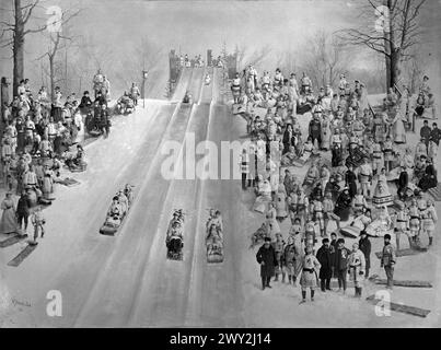 Vintage-Kompositmalerei und -Fotografie um 1880er Jahre Große Rodelrutsche auf Mont-Royal 1887 Vintage Montreal, Kanada Fotoguthaben: WM. Notman & Son. Gemälde: Eugène L'Africain Stockfoto