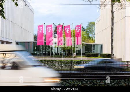 Das Logo vom Weltkonzern Deutsche Telekom AG, auf Fahnenmasten an der Friedrich Ebert Allee in Bonn. 03.04.2024 Bonn Gronau NRW Deutschland *** das Logo des Weltkonzerns Deutsche Telekom AG, auf Fahnenmasten auf der Friedrich Ebert Allee in Bonn 03 04 2024 Bonn Gronau NRW Deutschland Copyright: XBonn.digitalx/xMarcxJohnx Stockfoto