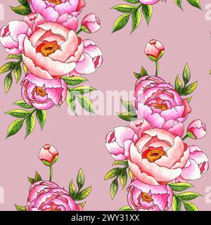 Aquarellillustration eines Musters von Pfingstrosen mit Knospen und Blättern auf rosa Hintergrund. Botanische Anordnung für Küche, Wohnkultur, Schreibwaren, Stockfoto