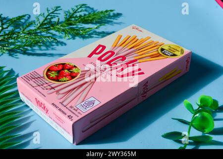 Wonosobo, Indonesien 23. April 2023: Pocky Snacks mit Erdbeergeschmack in rosa Verpackung. Vor blauem Hintergrund. Stockfoto