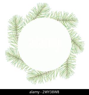 Runder Rahmen aus Kiefer- oder Fichtenzweigen. Handgezeichnetes Aquarell isolierte Illustration. Weihnachtsbaumkranz aus Naturholz mit Nadeln. Botan Stockfoto