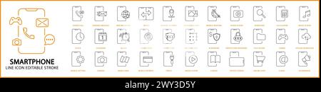 Symbole für Smartphone-Funktionen. Smartphone-Funktion eingestellt. Symbole der Smartphone-Funktionszeile. Vektorabbildung. Bearbeitbare Kontur. Stock Vektor