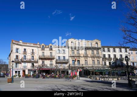 Marktplatz, Bistro, Bank, Restaurant, Place du Bourguet, Forcalquier, Departement Alpes-de-Haute-Provence, Frankreich Stockfoto