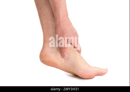 Männlicher Fuß isoliert auf weißem Hintergrund Stockfoto